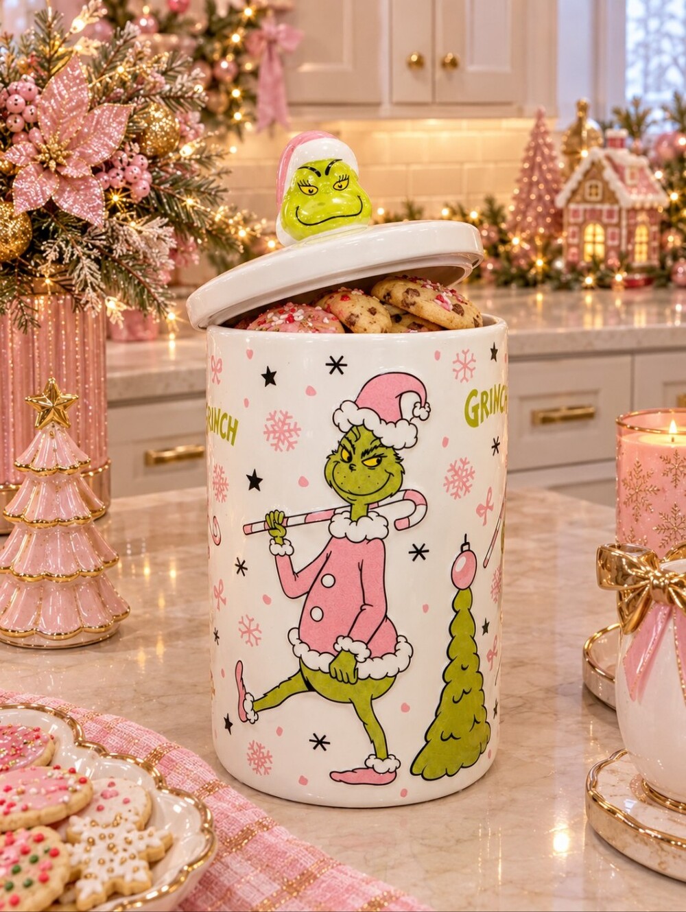 Grinch Ceramic Cookie Jar - Pink & Green Holiday Canister